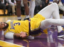 LA Lakers center, Anthony Davis, moments after a nasty fall against the New York Knicks at Staples Center in Los Angeles. (Image: Getty)