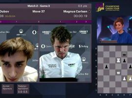 Daniil Dubov (left) upset Magnus Carlsen (right) to reach the semifinals of the Airthings Masters. (Image: Chess24.com/YouTube)