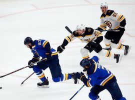 Saint Louis Blues defenseman Alex Pietrangelo skates away from the pack of Boston Bruins in Game 5 of the Stanley Cup Finals. (Image: Billy Hurst/USA Today Sports)