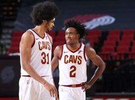 Cleveland Cavs center Jarrett Allen and guard Colling Sexton during a game against the Portland Trail Blazers at the Moda Center in Portland, Oregon. (Image: Sam Forencich/Getty)