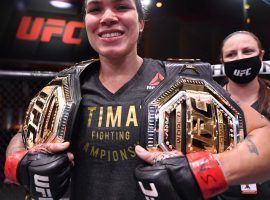 Two-division champion Amanda Nunes (pictured) will defend her featherweight title against Megan Anderson at UFC 259 on Saturday. (Image: Jeff Bottari/Zuffa)