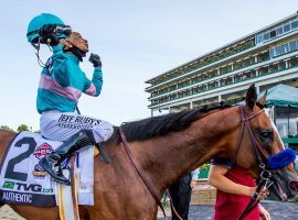 Mike Smith aboard Authentic captured the July 18 Haskell Stakes in front of a largely empty Monmouth Park. But the track enjoyed record handle that sparked July's boost in racing handle. (Image: Eclipse Sportswire)