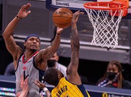 Bradley Beal from the Washington Wizards is seen here driving the basket against Edmond Sumner of the Indiana Pacers two weeks earlier in Indianapolis. (Image: Johan Wilkins/Getty)