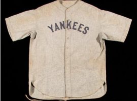 Babe Ruth's 1928-1930 game-worn New York Yankees jersey set a sports memorabilia record and TK family release. (Image: Newsday)