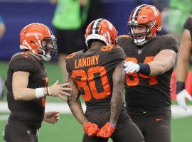 Cleveland Browns QB Baker Mayfield celebrates Jarvis Landry throwing a TD on a trick play against the Dallas Cowboys. (Image: John Kuntz/AP)