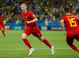 Kevin De Bruyne (7) celebrates with teammate Thomas Meunier (15) after scoring the second goal for Belgium in their 2-1 win over Brazil in the 2018 World Cup quarterfinals. (Image: John Sibley/Reuters)