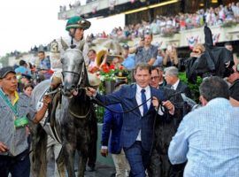 Celebrity chef/restauranteur Bobby Flay shepherds Creator into the 2016 Belmont Stakes winner's circle. A horse aficionado and owner, Flay bought a majority share in filly Caravel, who runs Saturday in the Caress Stakes at Saratoga. (Image: Anne M. Eberhardt)