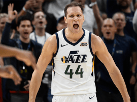 Utah Jazz SF Bojan Bogdanovic celebrates drilling a3-pointer against the OKC Thunder at the Vivint Smart Home Arena in SLC, Utah. (Image: Alex Goodlett/Getty)