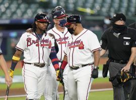 Braves outfielder Ronald Acuna hit a home run, then nearly got into an altercation with Marlins pitcher Sandy Alcantara in Game 1 of their NLDS series. (Image: Eric Gay/AP)