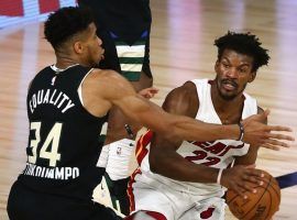 The Greek Freak (right) and the Milwaukee Bucks are fighting for the Eastern Conference title against Jimmy Butler and the Miami Heat. (Image: Kim Klement/Getty)