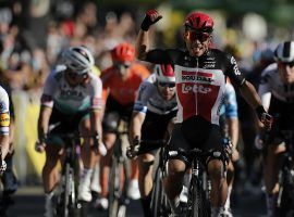 Lotto Soudalâ€™s Caleb Ewan wins a sprint to the finish in the Tour de France Stage 3 at Sisteron. (Image: AP)