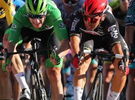 Caleb Ewan (Lotto Soudal) lunges at the finish line at Poitiers to win Stage 11 of the Tour de France (Image: Reuters)