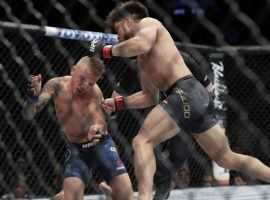 Henry Cejudo (right) lands a punch against TJ Dillashaw (left) during their championship fight on Saturday. (Image: Frank Franklin II/AP)