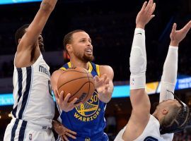 Steph Curry from the Golden State Warriors drives the lane against the Memphis Grizzlies in the Western Conference Semifinals. Â (Image: Brandon Dill/AP)