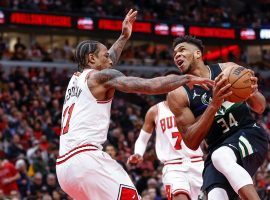 DeMar DeRozan from the Chicago Bulls defends Giannis 'Greek Freak' Antetokounmpo from the Milwaukee Bucks. (Image: Kamil Krzaczynski/USA Today Sports)