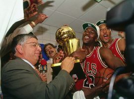 NBA commissioner David Stern awards the 1993 NBA Finals MVP to Michael Jordan after the Chicago Bulls won their third-straight NBA championship. (Image: Andrew D. Bernstein/Getty)