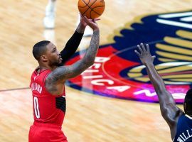 Damian Lillard takes a 3-point shot against the New Orleans Pelicans to keep the winning streak alive for the Portland Trail Blazers. (Image: Walt Fagen/Getty)