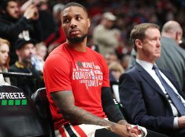 Portland Trial Blazers guard, Damian Lillard, during pregame warmups at the Moda Center in Portland. (Image: Abbie Parr/Getty)