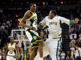 Kevin Durant celebrates during the  Seattle SuperSonics' last home game as a Seattle SuperSonics' the Dallasgame in Seattle, Sunday, April 13, 2008. The Sonics won 99-95. (Image: John Froschauer/AP)