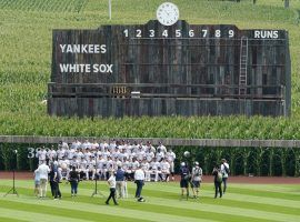 The New York Yankees take a group photo before the first-ever Field of Dreams Game against the Chicago White Sox in Dyersville, Iowa. (Image: Getty)