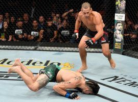 Uriah Faber (right) finished Rickey Simon (left) in under a minute at UFC Fight Night 155 on Saturday. (Image: Zuffa/Getty)