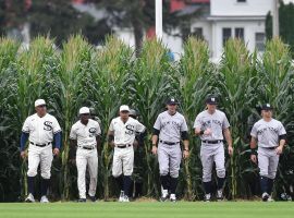 Members of the Chicago White Sox and New York Yankees step onto the field after walking through rows of corn in the outfield for the Field of Dreams game in Dyersville, Iowa. (Image: Getty)