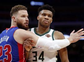 Detroit Pistons forward Blake Griffin defends Giannis "Greek Freak" Antetokounmpo at Little Caesars Arena in Detroit, MI. (Image: Raj Mehta/USA Today Sports)