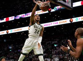 Giannis 'Greek Freak' Antetokounmpo throws down a dunk for the Milwaukee Bucks in a Game 1 victory against the Boston Celtics in the Eastern Conference Semifinals. (Image: Getty)