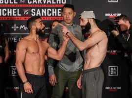 Patricio Freire (left) will defend his featherweight title against Pedro Carvalho (right) in the main event of Bellator 252. (Image: Lucas Noonan/Bellator)