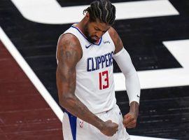 Paul George of the LA Clippers flexes after a hug win in Game 4 of the Western Conference semifinals against the Utah Jazz in Salt Lake City. (Image: Getty)