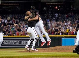 Arizona Diamondbacks catcher Daulton Varsho hugs pitcher Tyler Gilbert after he threw a no-hitter in his first MLB start. (Image: Getty)