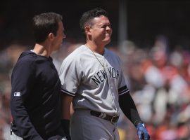 NY Yankees third baseman Gio Urshela winces in pain after being hit by a pitch against the SF Giants at Oracle Park in San Francisco. (Image: Sergio Estrada/USA Today Sports)