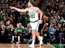 Boston Celtics forward Gordon Hayward momets after hitting a three-pointer against the Minnesota Timberwolves. (Image: Brian Babineau/Getty)