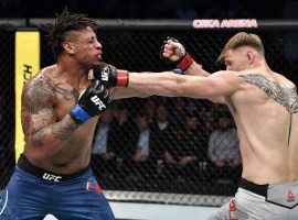 Greg Hardy (left) lost by unanimous decision to Alexander Volkov (right) at UFC Fight Night 163 in Moscow. (Image: Jeff Bottari/Getty)