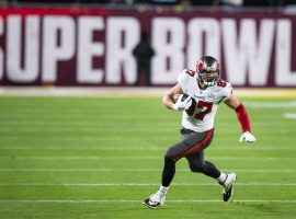 Tight end Rob Gronkowski catches a pass for the Tampa Bay Bucs in Super Bowl 55. (Image: Getty)