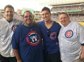 Jeopardy! champ James Holzhauer (second from right) at a Chicago Cubs game with friends at Wrigley Field in Chicago, IL. (Image: James Holzhauer)