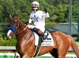 Irad Ortiz Jr. rode Improbable to his second of three Grade 
wins at August's The Whitney. His current form makes him the favorite in Circa Sports' Breeders' Cup Classic futures betting. (Image: Daily Gazette)