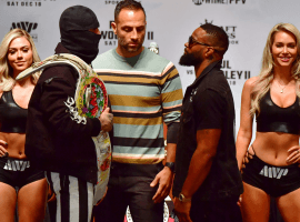 Jake Paul (left) will look to score a second and more decisive win over Tyron Woodley (right) in their rematch on Saturday. (Image: Getty)