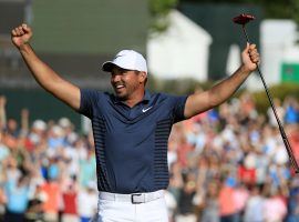 Jason Day celebrates after a par putt on the 18th hole clinches victory for him at the 2018 Wells Fargo Championship. (Image: Sam Greenwood/Getty)