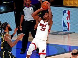 Miami Heat guard Jimmy Butler shoots over the LA Lakers in Game 5 of the NBA Finals. (Image: Kim Klement/USA Today Sports)