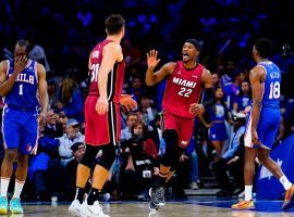 Jimmy Butler from the Miami Heat celebrates a victory over the Philadelphia 76ers at Wells Fargo Center in Game 6. (Image: Suzanne Greenburg/Getty)