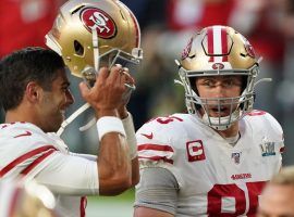 San Francisco 49ers QB Jimmy G and TE George Kittle chat on the sidelines after defeating the New England Patriots in Week 7. (Image: Getty)