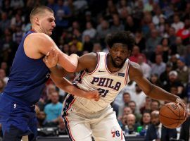 Nikola Jokic of the Denver Nuggets, seen here guarding Joel Embiid from the Philadelphia 76ers, is the front runner to win NBA MVP this season. (Image: Matthew Stockman/Getty)