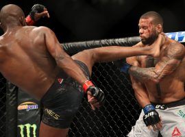 Thiago Santos (right) suffered a severe injury to his left knee during his loss to Jon Jones (left) at UFC 239. (Image: Sean M. Haffey/Getty)