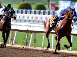 Santa Anita morning line author Jon White made Justify (right) the 4/5 favorite in the 2018 Santa Anita Derby. The eventual Triple Crown winner beat Bolt d'Oro as the race favorite. White's morning line favorites become actual race favorites more than 70% of the time. (Image: Keith Birmingham/Pasadena Star News)