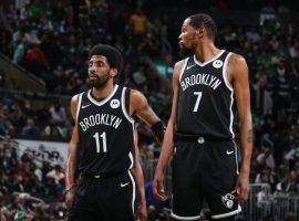 Kevin Durant and Kyrie Irving from the Brooklyn Nets during a postseason game in 2021. (Image: Nathaniel S. Butler/Getty)