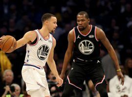 Brooklyn Nets big man Kevin Durant, seen here guarding Steph Curry in the 2018 NBA All-Star Game, plays his first away game in his old stomping grounds when the Golden State Warriors host the Nets. (Image: Streeter Lecka/Getty)