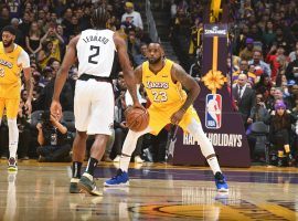 LA Lakers star LeBron James (23) guards LA Clippers forward Kawhi Leonard at Staples Center in downtown LA. (Image: Getty)