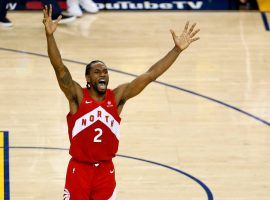 Kawhi Leonard of the Toronto Raptors celebrates winning the 2019 NBA Championship after defeating the Golden State Warriors at Oracle Arena in Oakland. (Image: Lachlan Cunningham/Getty)