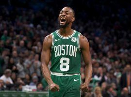 Boston Celtics guard Kemba Walker celebrates a comeback victory for the 6-1 Celtics. (Image: Barry Chin/Boston Globe)